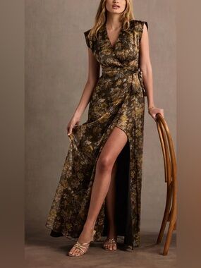 New Azazie Atelier Kellie Mocha Wrap Maxi Dress Floral Metallic 14 V-Neck Formal
